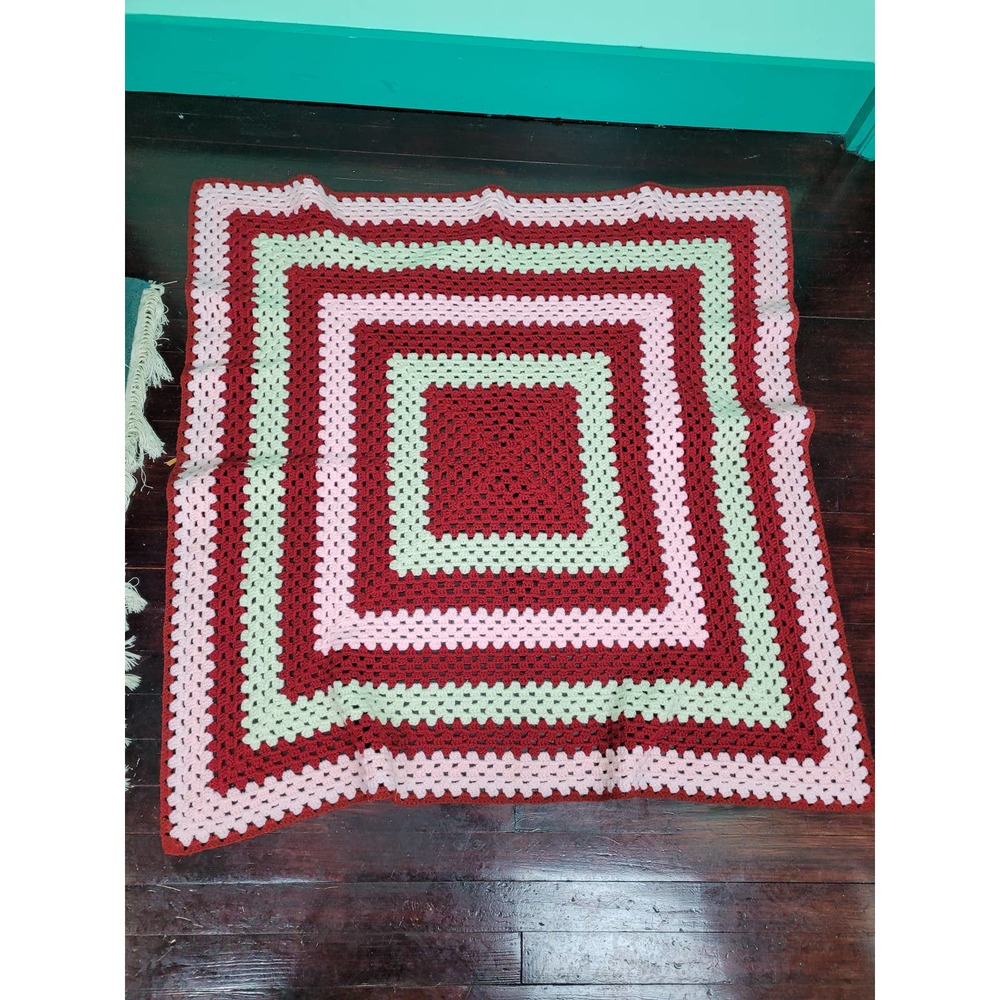 Vintage Knit Crochet Pink Red White Granny Throw Blanket Afghan 42 x 38